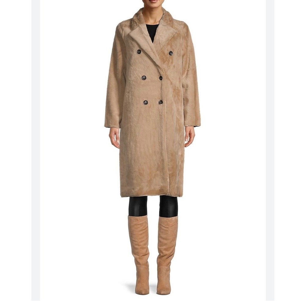 Magaschoni Faux Fur Double Breasted Midi Coat Tan Size Medium
